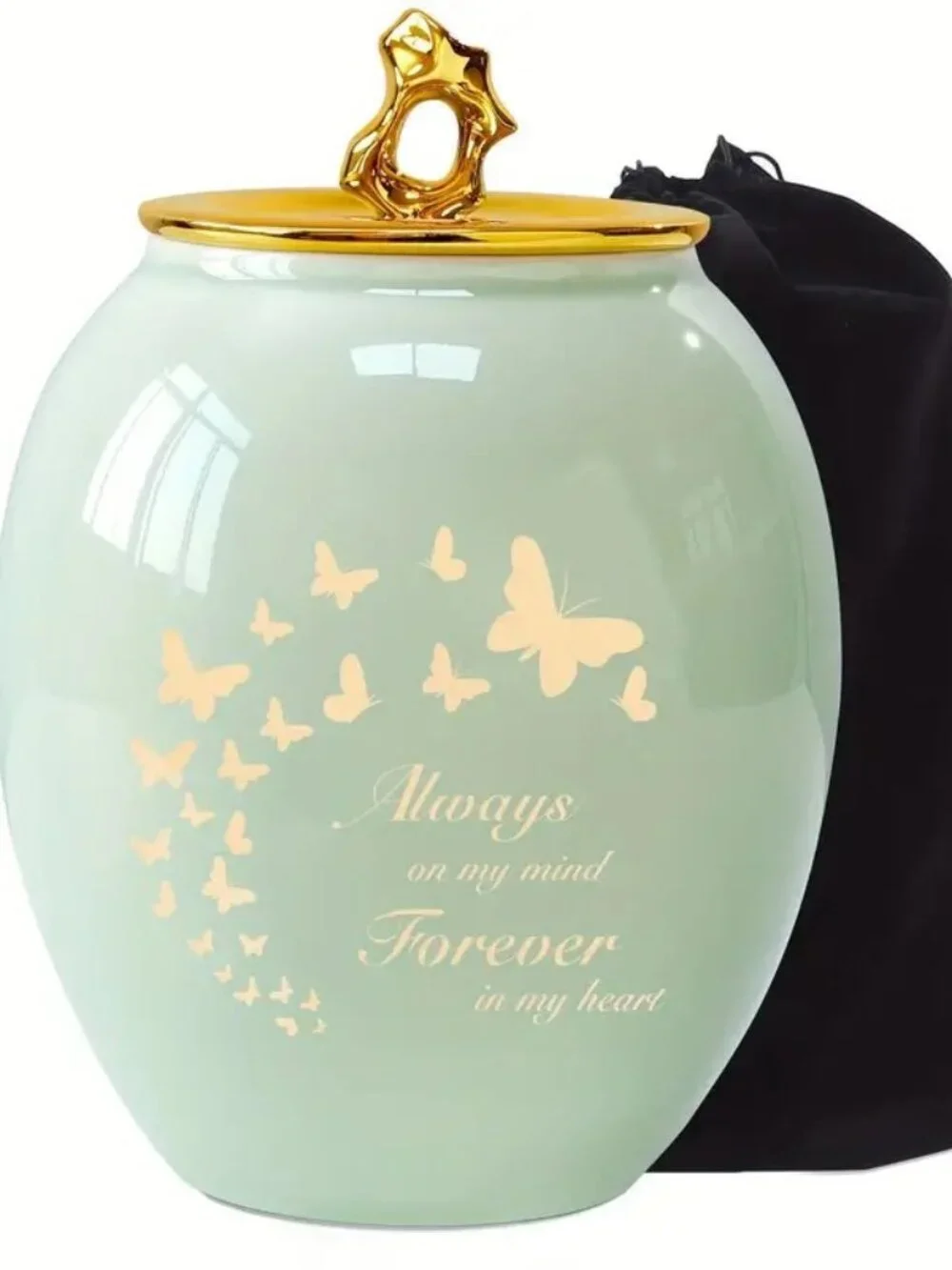 Decorative Mint Green Ceramic Keepsake Urn with Gold Butterfly Accent